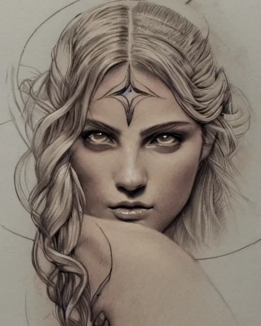 Prompt: tattoo sketch of beautiful greek goddess aphrodite, bow and arrow, beautiful piercing eyes, flowing blonde hair, realistic face, hyper realistic, in the style of greg rutkowski, fantasy, amazing detail, epic, intricate, elegant, smooth, sharp focus