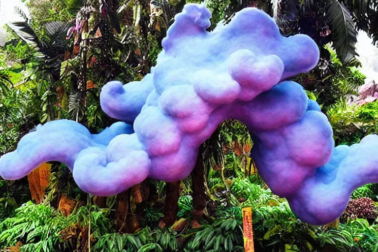 Image similar to a huge flock of many smooth puffy marvelous cloud sculptures with whirling ultra detailed gemstone crystal sculptures, art nouveau jungle environment, playful, award winning art, epic dreamlike fantasy landscape, ultra realistic,