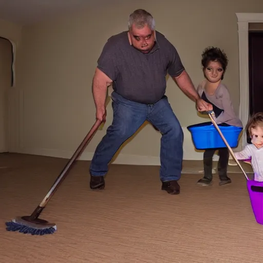 Image similar to a family chasing a bat around a room with a broom and a plastic bin.