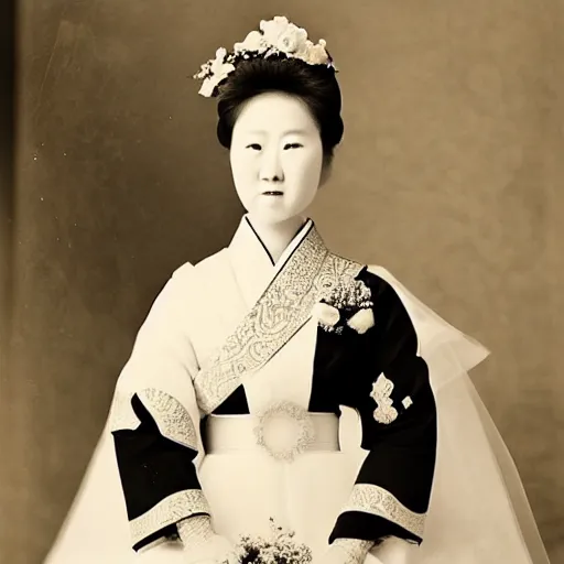 Prompt: A close up shot, colored black and white Russian and Japanese mix historical fantasy a photograph portrait taken at the empress and emperor's royal wedding breakfast, photographic portrait, warm lighting, 1907 photo from the official wedding photographer for the royal wedding.