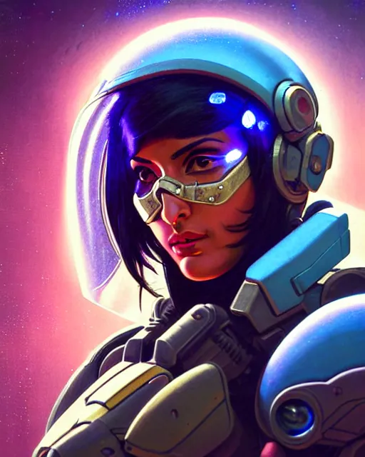 Prompt: pharah from overwatch, battletech, see through glass hologram mask, glass mask, character portrait, portrait, close up, concept art, intricate details, highly detailed, vintage sci - fi poster, retro future, vintage sci - fi art, in the style of chris foss, rodger dean, moebius, michael whelan, and gustave dore