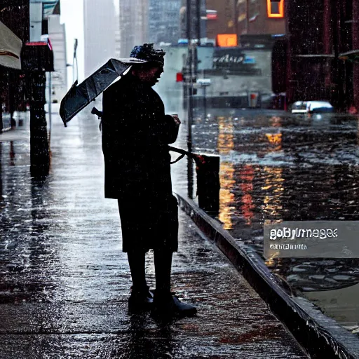 Image similar to portrait of a man fishing in a rainy new york street, photograph, magazine, press, photo