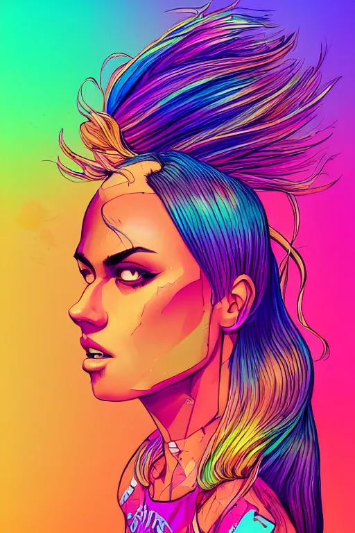 Image similar to a award winning half body portrait of a beautiful woman with stunning eyes in a printed croptop and cargo pants with rainbow colored ombre hairstyle head in motion and hair flying by josan gonzales, outrun, vaporware, shaded flat illustration, digital art, trending on artstation, highly detailed, fine detail, intricate