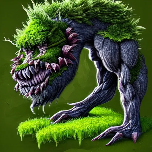 Image similar to A fierce plant monster, highly detailed, digital art, sharp focus, trending on art station, leaves, moss, ferns, ape