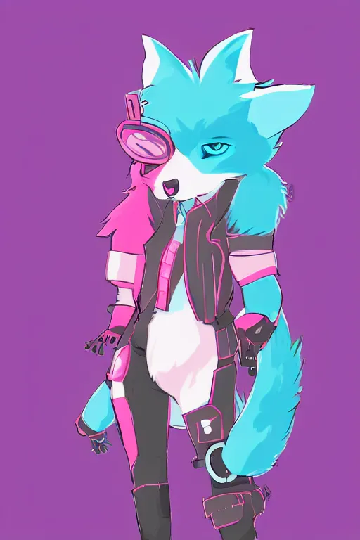 Image similar to a cute cyberpunk anthropomorphic fox with pink fur and blue eyes and a fluffy tail, comic art, trending on furaffinity, cartoon, kawaii, backlighting, furry art!!!, cel shading, concept art, lineless