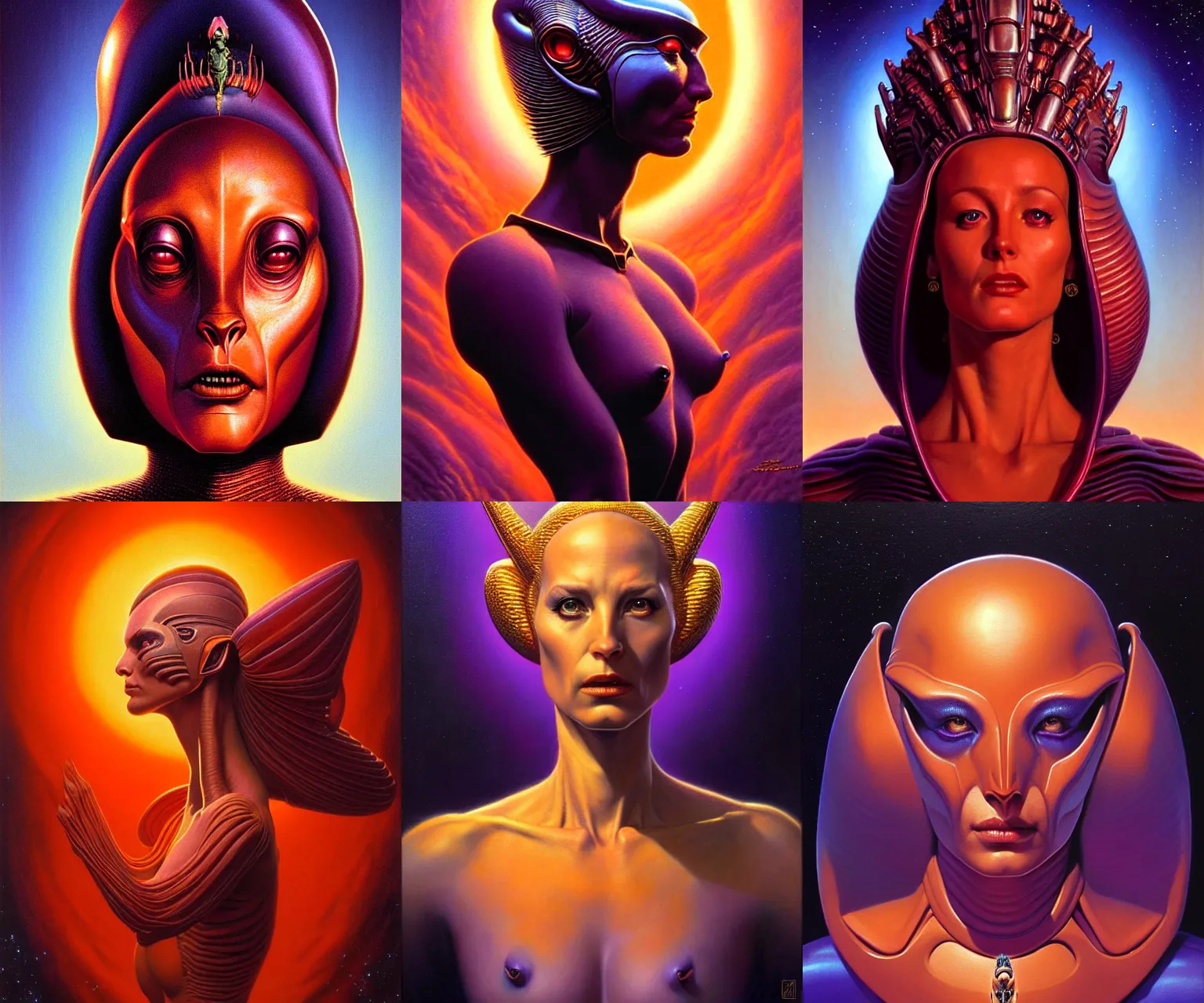 Prompt: cinematic bust portrait of elegant female extraterrestial queen, head and chest only, exotic alien features, Tim Hildebrandt, Wayne Barlowe, Bruce Pennington, donato giancola, boris vallejo, oil on canvas, masterpiece, trending on artstation, featured on pixiv, cinematic composition, dramatic pose, beautiful lighting, sharp, details, hyper-detailed, HD, HDR, 4K, 8K