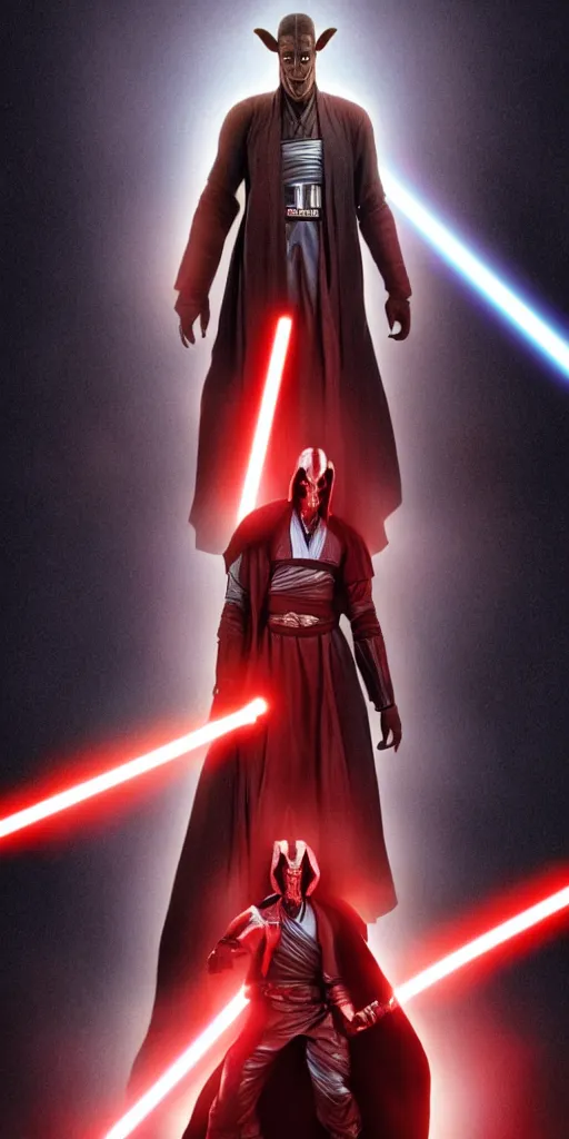 Image similar to a movie poster of jar jar binks who unveils himself as the sith lord the whole time, movie poster, 8 k