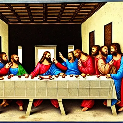 Prompt: a photo of the last supper, highly detailed photorealistic