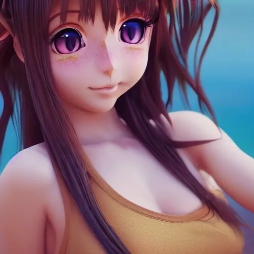 Image similar to Render of a very beautiful 3d anime cat girl, long hair, hazel eyes, cute freckles, full round face, short smile, cute sundress, golden hour, serene beach setting, medium shot, mid-shot, highly detailed, trending on Artstation, Unreal Engine 4k