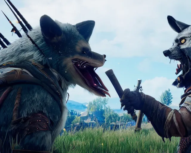 Image similar to gerald of rivia fighting with fursuit people from witcher 3 ( 2 0 1 5 videogame ), cinematic, concept art, loading screen