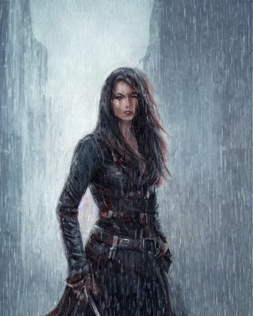 Prompt: A ultradetailed beautiful panting of an assassin girl standing in the rain