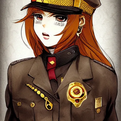 Prompt: steampunk police officer portrait, anime, anime girl, dirty blond, long hair, brown officer hat, finely detailed, smug,