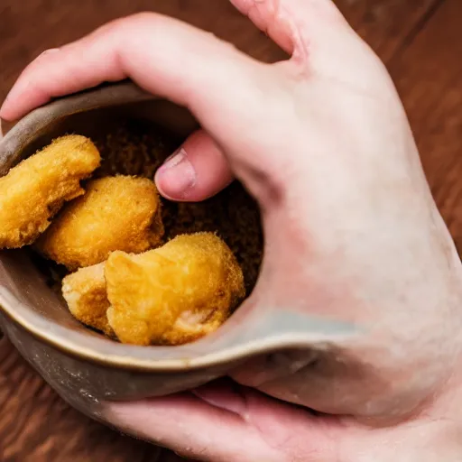 Prompt: rotten human hand picking up a moldy chicken nugget in a bowl, hd, 4k image