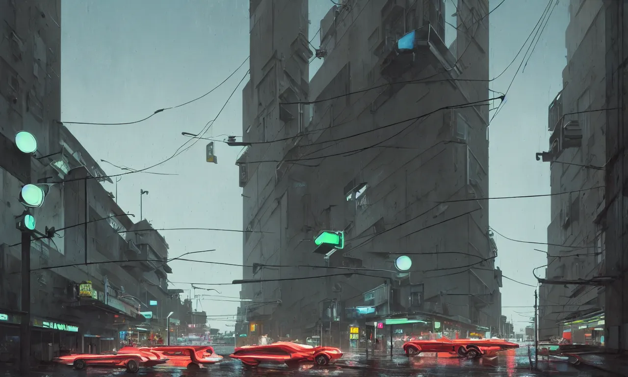 Prompt: photorealistic streetscape, simple brutalist architecture, metal, concrete, wet streets, white neon lights, colorful neon signs, flying vehicles, pedestrians, greg rutkowski, syd mead, ralph mcquarrie, concept art, matte painting, finely detailed, minimal artifacts, rule of thirds, dynamic lighting, cinematic, denoised, centered, artstation