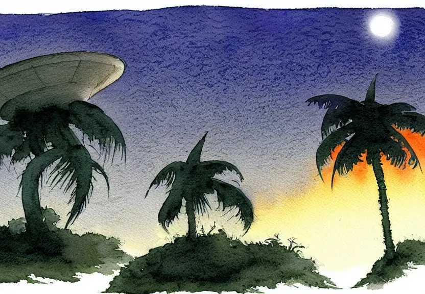 Image similar to a simple watercolor fantasy concept art of a dark grey boxy ufo from independence day ( 1 9 9 6 ) next to a palm tree at night. by studio ghibli, rebecca guay, michael kaluta, charles vess