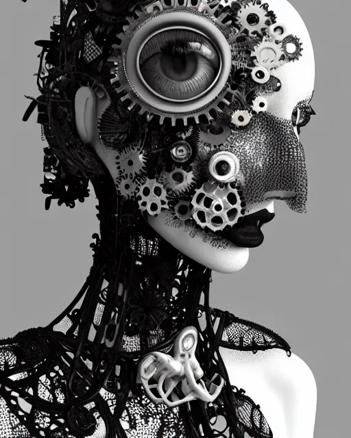 Prompt: black and white dreamy foggy smoky profile face portrait, one silver steampunk eye biomechanical beautiful young female cyclope - cyborg - robot bust, body ribs meshes,, volumetric light, hibiscus flowers, by hg giger, rim light, by dora maar and cecile beaton, big gothic fashion pearl embroidered collar, 8 k