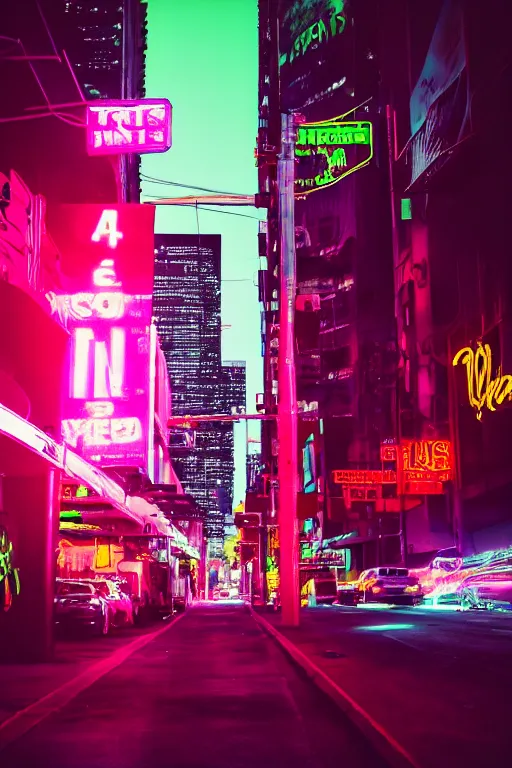 Prompt: neon streets of los angeles, 4 k, award winning photo, cyberpunk style