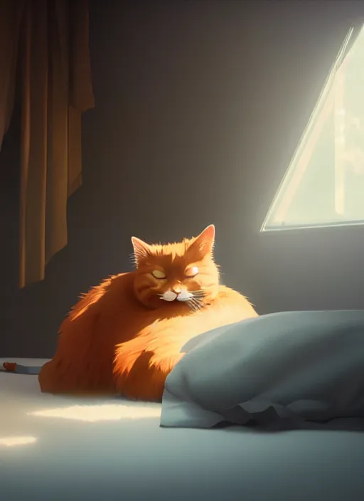 Image similar to a portrait of ginger cat, sleeping in a messy bedroom, sun - rays, studio ghibli, pixar and disney animation, sharp, rendered in unreal engine 5, anime key art by greg rutkowski, bloom, dramatic lighting