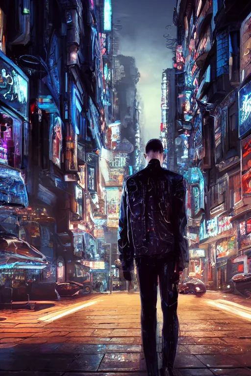 Prompt: in the foreground a Parisian street, in the background a dark-haired man from behind playing with swirls of black energy coming out of his hands wearing a long matrix-style jacket, realistic, high definition, many details, dramatic scene, detailed hands and realistic, symmetrical face, realistic eyes, cyberpunk art 2077