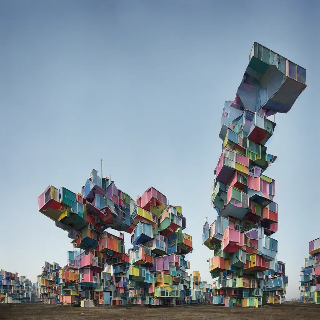 Prompt: two suspended towers made up of colourful makeshift squatter shacks, plain uniform sky at the back, misty, mamiya rb 6 7, ultra sharp, very detailed, photographed by zaha hadid