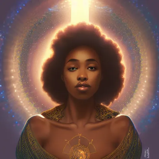 Prompt: black african princess, warm volumetric lighting, cosmic, symmetric, highly detailed, elegant, concept art, heavenly, god rays, glowing aura, intricate, sharp focus, illustration, alexandros pyromallis, bouguereau, rutkowski, artgerm, alphonse mucha, a