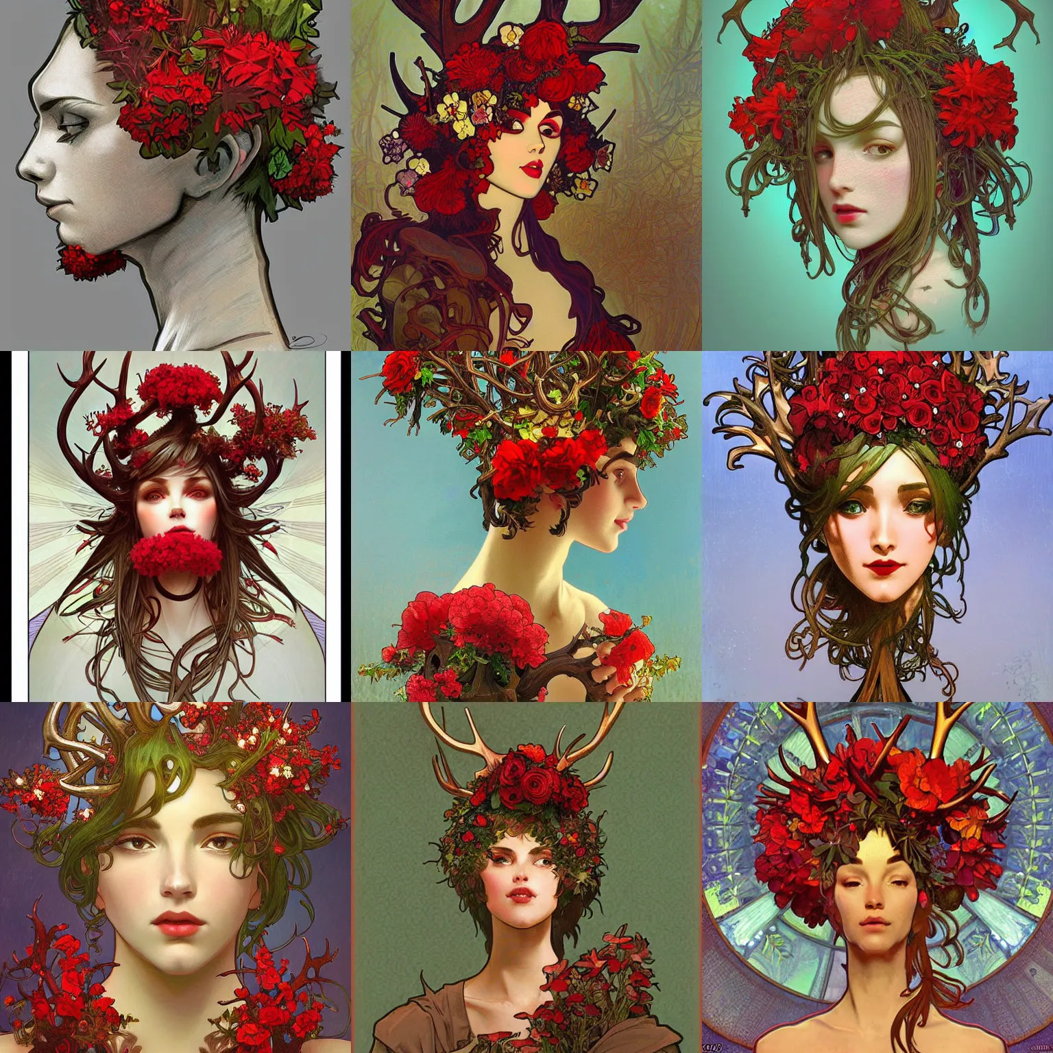 Prompt: character concept art, head - on centralized, topiary with antlers, red flowers. detailed, abstract high quality, dynamic lighting, evocative, fantasy. artwork by greg rutknowski, alphonse mucha