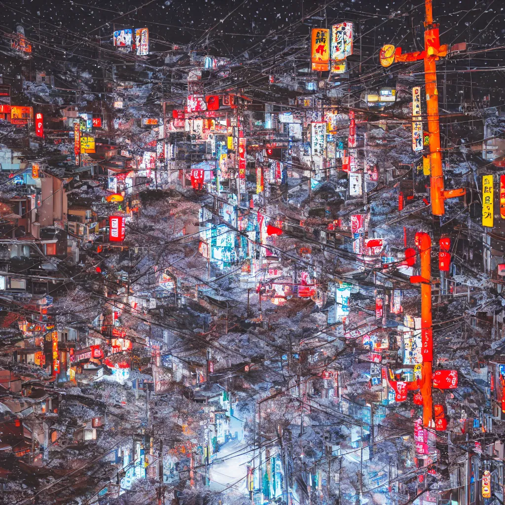 Image similar to a Japanese cyberpunk shrine, snowing, photograph,, sharp focus, intricate detail, drone shot, high resolution, 8k, neon streetlights, wires hanging down everywhere, Japan, colourful,,