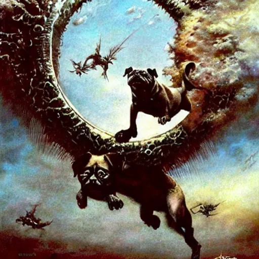 Image similar to a magical land of flying pug dogs, luis royo, frazetta, whealan,