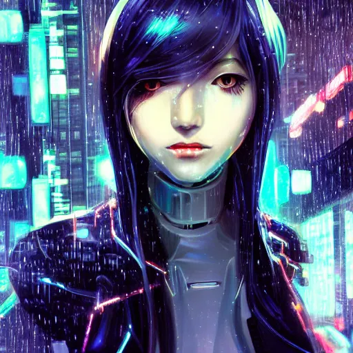 Image similar to beautiful cyborg girl!!!, rainfall!!, water refractions!!, black long hair!, colorful reflective eyes, full round face!, biomechanical details, digital cyberpunk anime!! art, full body!!!, mid - shot, reflections, wlop, ilya kuvshinov, artgerm