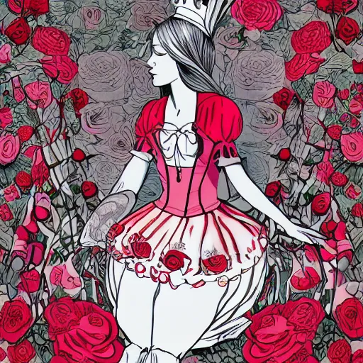 Prompt: Alice in Wonderland at the tea party, surrounded by red and white roses, digital illustration, inspired by Aeon Flux and Möbius, hyper detailed, Magic realism, super photorealistic, muted warm pastel shades, extremely fine inking lines