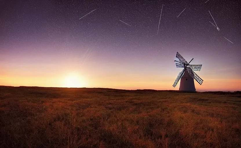 Image similar to “ sunset windmill with meteor shower in the background, cinematic, award winning ”