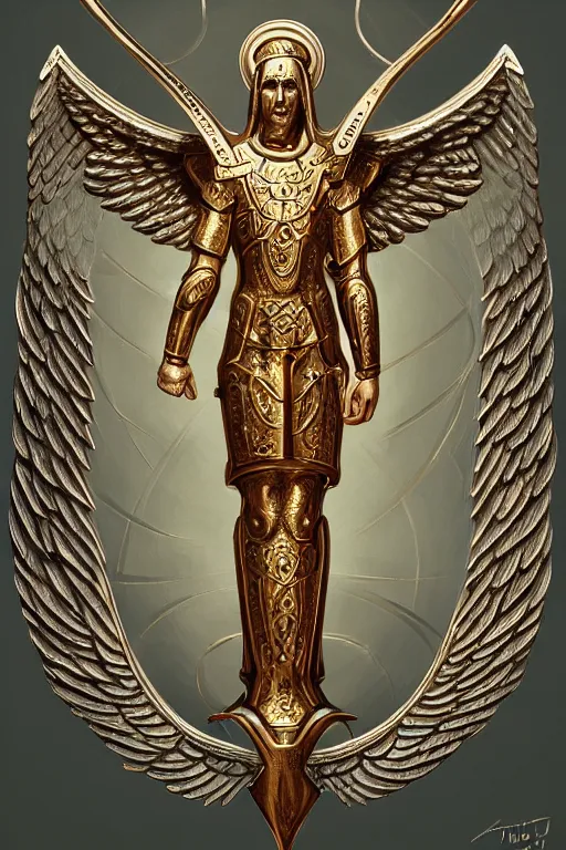 Image similar to Old hebrew symbol of archangel Gabriel. Symbol made out of metal. Cooper lining ,intricate, elegant, highly detailed, digital painting, artstation, concept art, smooth, sharp focus, illustration, art by Ilja Repin