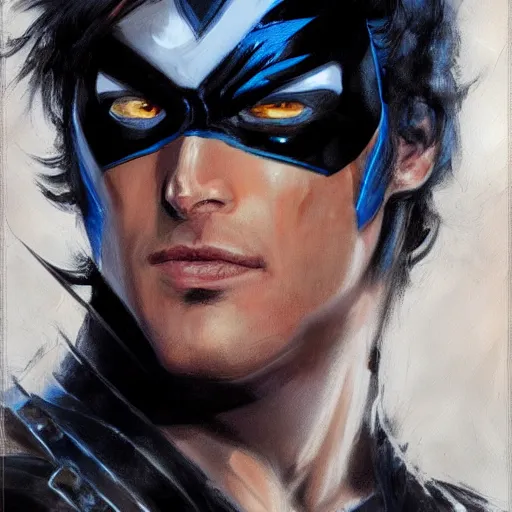 Image similar to close up of nightwing in full leather armor, cinematographic shot, by daniel f. gerhartz