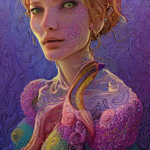 Image similar to the portrait of a ridiculously beautiful and elegant woman partially made of onion rings of all colors, an ultrafine detailed illustration by james jean, final fantasy, intricate linework, bright colors, behance contest winner, vanitas, angular, altermodern, unreal engine 5 highly rendered, global illumination, radiant light, detailed and intricate environment