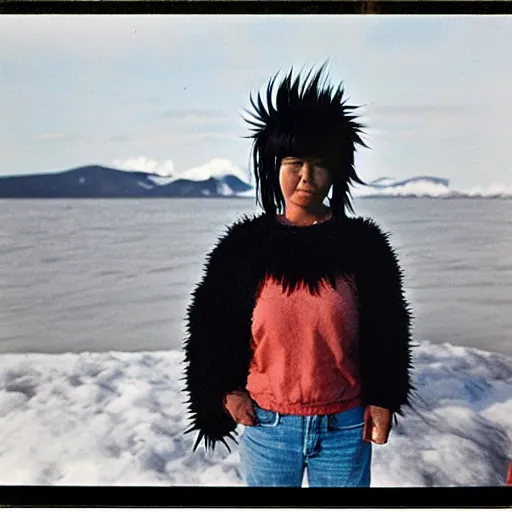 Prompt: black - haired girl with wild spiky black saiyan hair with long bangs over her eyes, hair covering eyes, eyeless, wearing casual clothing, standing on an alaskan fishing vessel, mekoryuk, alaska, 1 9 6 5, polaroid, kodachrome, grainy photograph