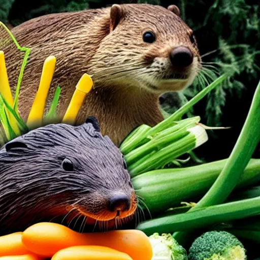 Image similar to real beaver and real duck sitting on vegetables