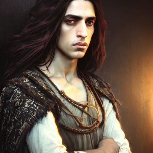 Image similar to portrait painting of a middle - eastern man with shoulder length hair and wearing a tattered black feather cloak and coat, ultra realistic, concept art, intricate details, eerie, highly detailed, photorealistic, octane render, 8 k, unreal engine. art by artgerm and greg rutkowski and charlie bowater and magali villeneuve and alphonse mucha