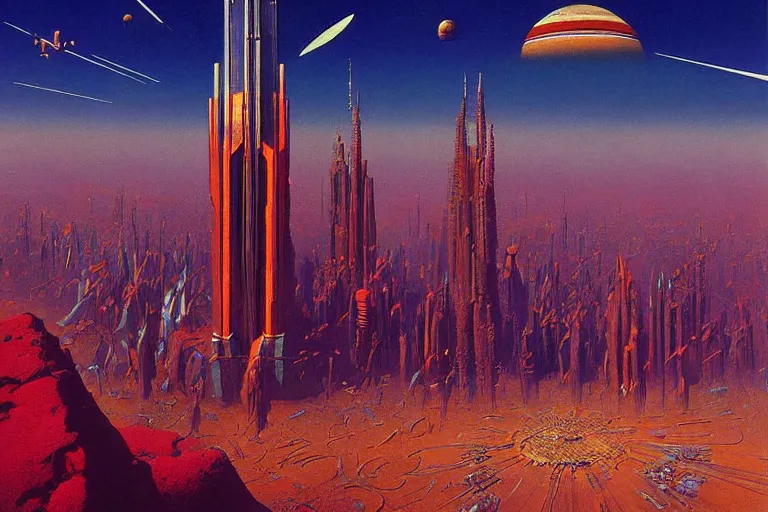 Prompt: cloisonnism painting of megacity 1 from judge dredd megacity 1 from judge dredd in no mans sky no mans sky | masterpiece moebius syd mead bekskinski