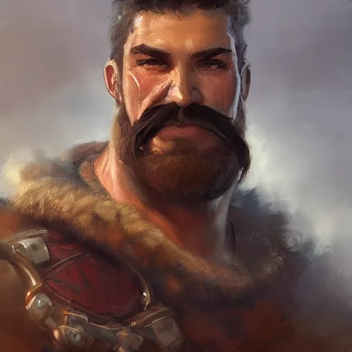 Image similar to portrait old barbarian warrior with trucker mustache and short hair, 8 k, trending on art station, by tooth wu and greg rutkowski