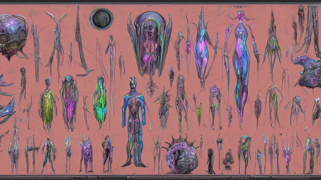 Prompt: concept art, colorful character sheet for an androgynous extraterrestrial with large bulbous head, religious robes, retrofuture, ernst haeckel, fantastic planet, moebius, valerian, coherent, illustration, digital art, trending on artstation, hd, 8 k, good lighting, beautiful, rough paper, masterpiece