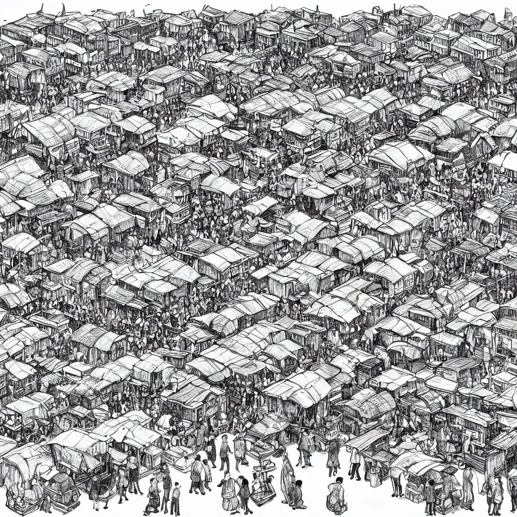 Image similar to a black and white drawing of a busy fish market stretching to the horizon, a storybook illustration by mattias adolfsson, behance contest winner, modern european ink painting, matte drawing, storybook illustration, panoramic, isometric