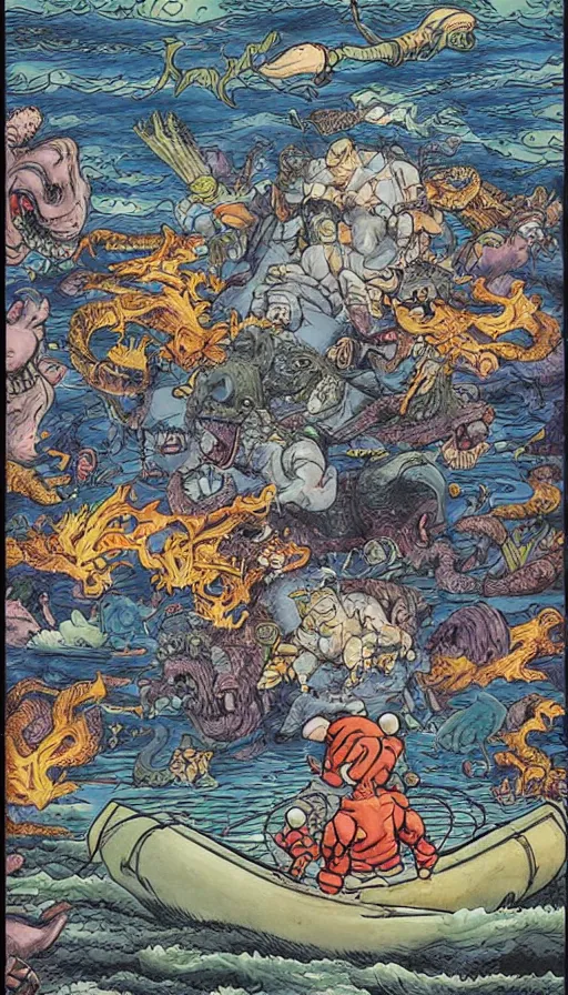 Prompt: man on boat crossing a body of water in hell with creatures in the water, sea of souls, by akira toriyama