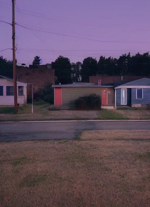 Image similar to a detailed photographic render of a 1 9 6 0 s american neighborhood during blue hour by todd hido, photoreal, 4 k, mist, rule of thirds