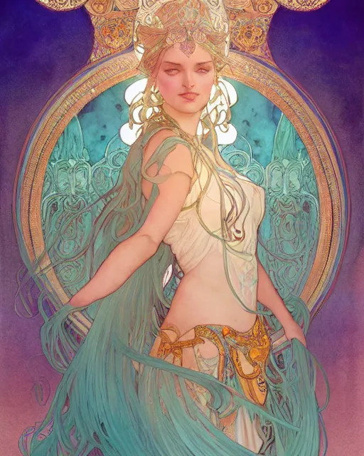 Image similar to a goddess with turquoise hair | highly detailed | very intricate | art nouveau | gold filigree | romantic storybook fantasy | soft cinematic lighting | award - winning | disney concept art watercolor illustration by mandy jurgens and alphonse mucha and alena aenami | pastel color palette | featured on artstation