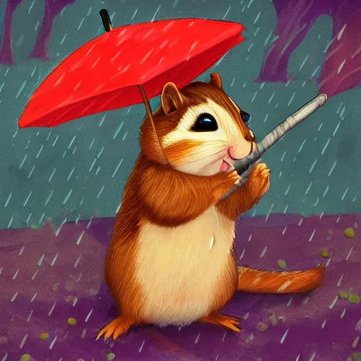 Image similar to an adorable chipmunk holding an umbrella in the rain in a cozy forest setting, fantasy art, digital art, illustration, 8k