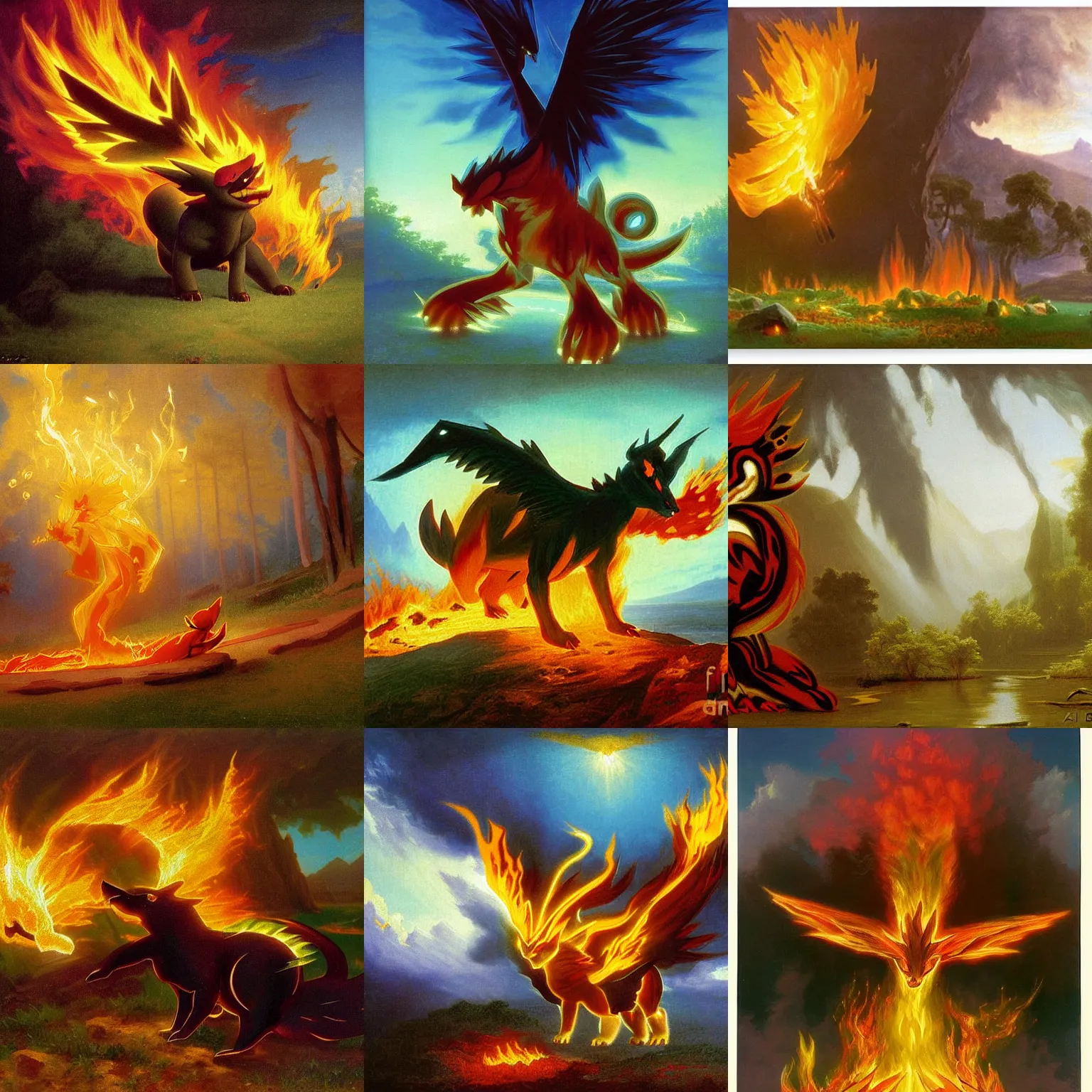 Prompt: fire type pokemon by albert bierstadt