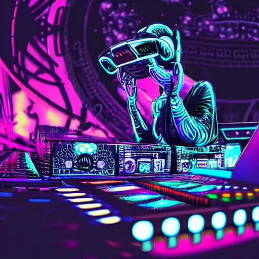 Image similar to intricate detailed artwork of a futuristic hardstyle music dj at an mainstage festival rave in the style of Sandra Pelser, VR headset, wires, speakers