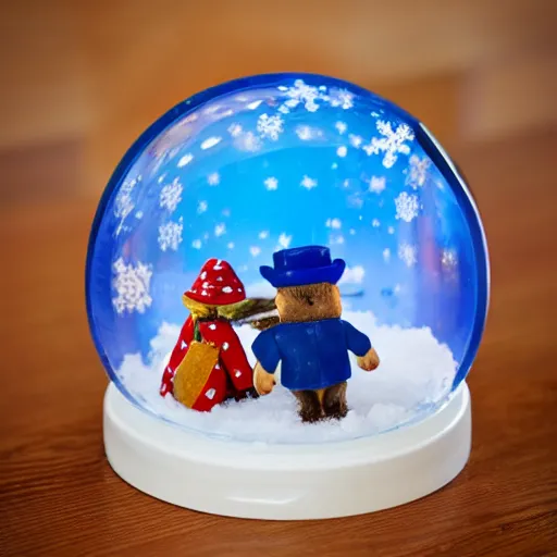 Prompt: paddington bear trying to escape from the inside of a snow globe