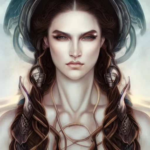 Prompt: a stunning portrait of a demon hunter by Evelyn De Morgan and Ross Tran, rossdraws, fresco