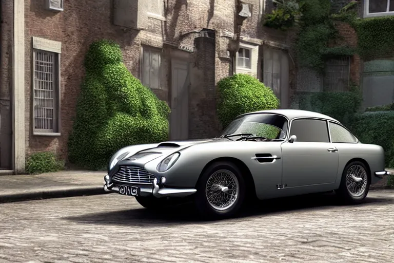 Prompt: a wholesome animation key shot of one focused shortened aston martin db 5, in a rich london mews residential street, waist height, medium range, studio ghibli, ( pixar ) and disney animation, sharp, very detailed, unreal engine 5 render, bloom, high resolution, anime key art by greg rutkowski